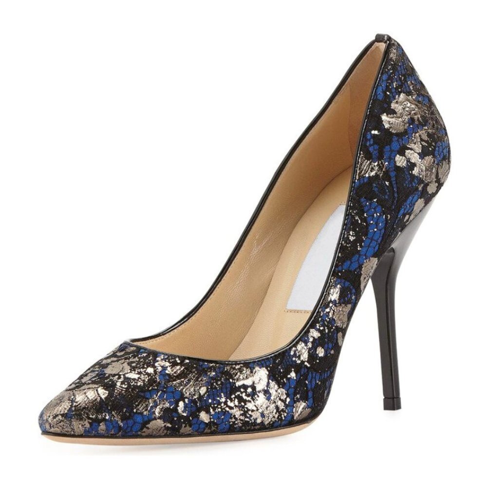 Jimmy Choo Mitchel Metallic Lace Blue Suede Heels Pumps US 9.5 EU 39.5